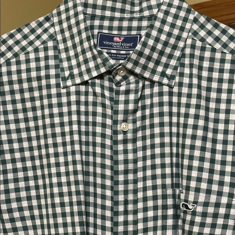 Vineyard Vines Green and White Plaid Shirt